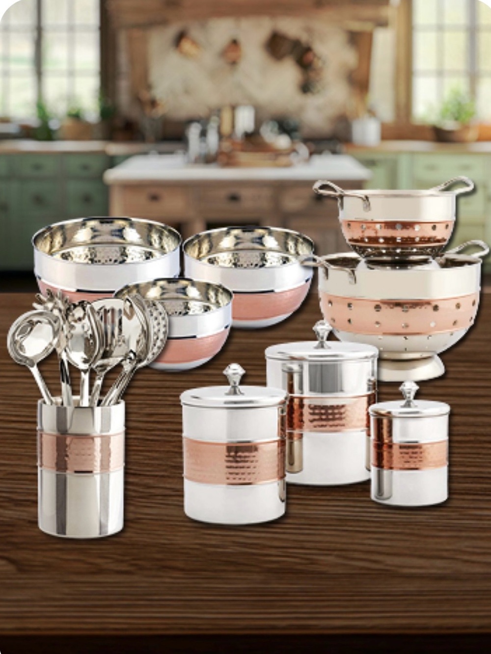 Stainless Steel Hammered Copper Accent Bowls Colanders Canisters Utensil Holder